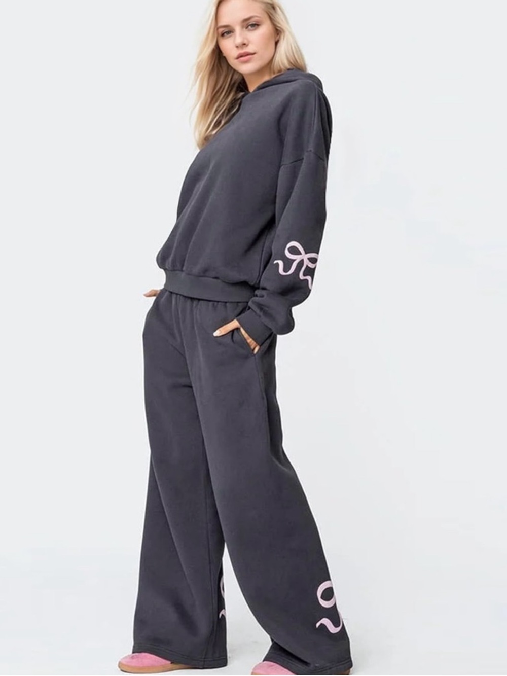 Edikted Pink Bow Matching Set Dark Grey Hoodie & Wide Leg Sweatpants Coquette